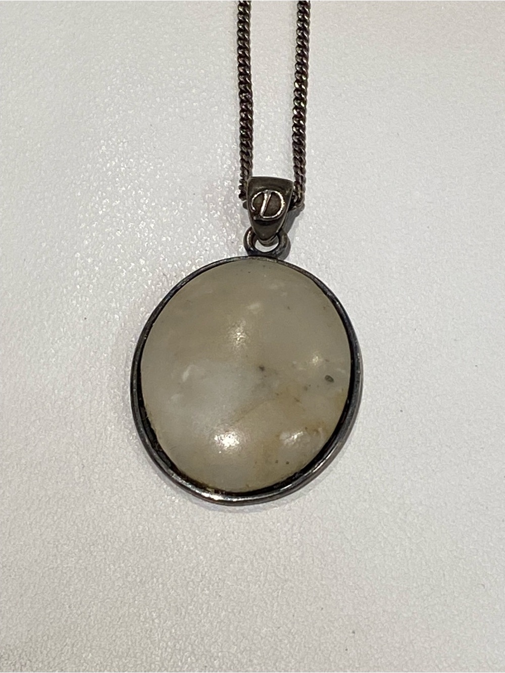 Vintage Diesel White Marble Stone Oval Pendant Necklace with 925 Sterling Silver